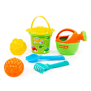 Набор №180: ведро малое с наклейкой, ситечко-цветок, совок №2, грабельки №2, 2 формочки, лейка малая №4, артикул 0597 – портал поставщиков НСППО - 1