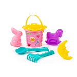 Набор №250: ведро малое с наклейкой, ситечко-цветок, совок №2, грабельки №2, формочки (заяц + лошадка + месяц), артикул 3529 – портал поставщиков НСППО