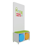 Акустический мобильный модуль-скамья с пуфами, кромка салатовая, подушки салатовые, 840*450*2100 мм, УФ-печать