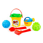 Набор №238: ведро малое, ситечко-цветок, совок №2, грабельки №2, 2 формочки, лейка малая №3, Артикул 4528