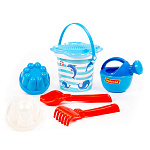Набор №228: ведро малое с наклейкой, ситечко-цветок, совок №2, грабельки №2, 2 формочки, лейка малая №3, артикул 0559