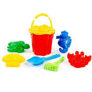 Набор №307: ведро-цветок среднее №3, ситечко-цветок среднее №3, лопатка №5, грабельки №5, формочки (краб №2 + морской конёк + ракушка №2 + черепаха), артикул 35578 – портал поставщиков НСППО - 5